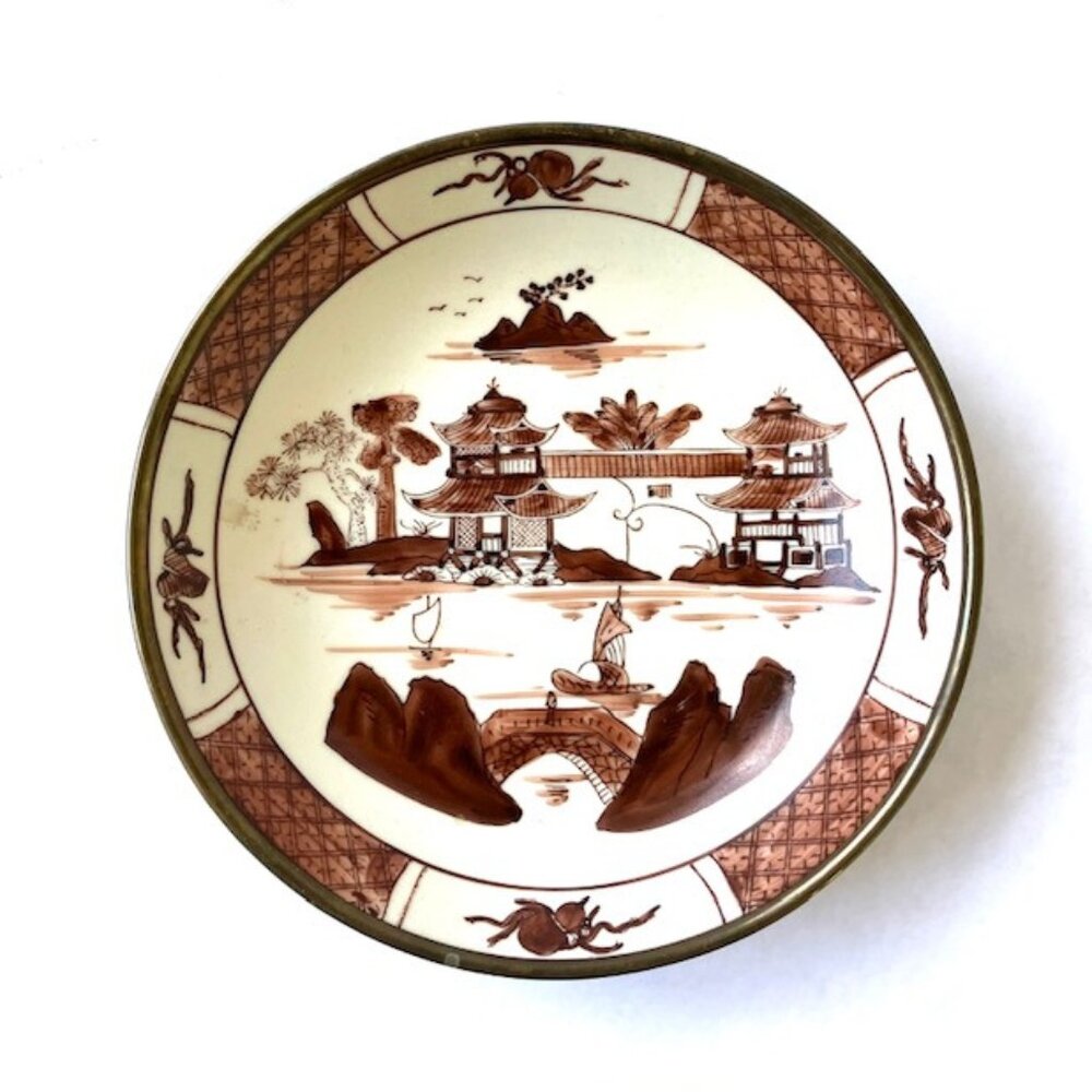 Vintgae Hand Painted Japanese Brass and Porcelain Dish